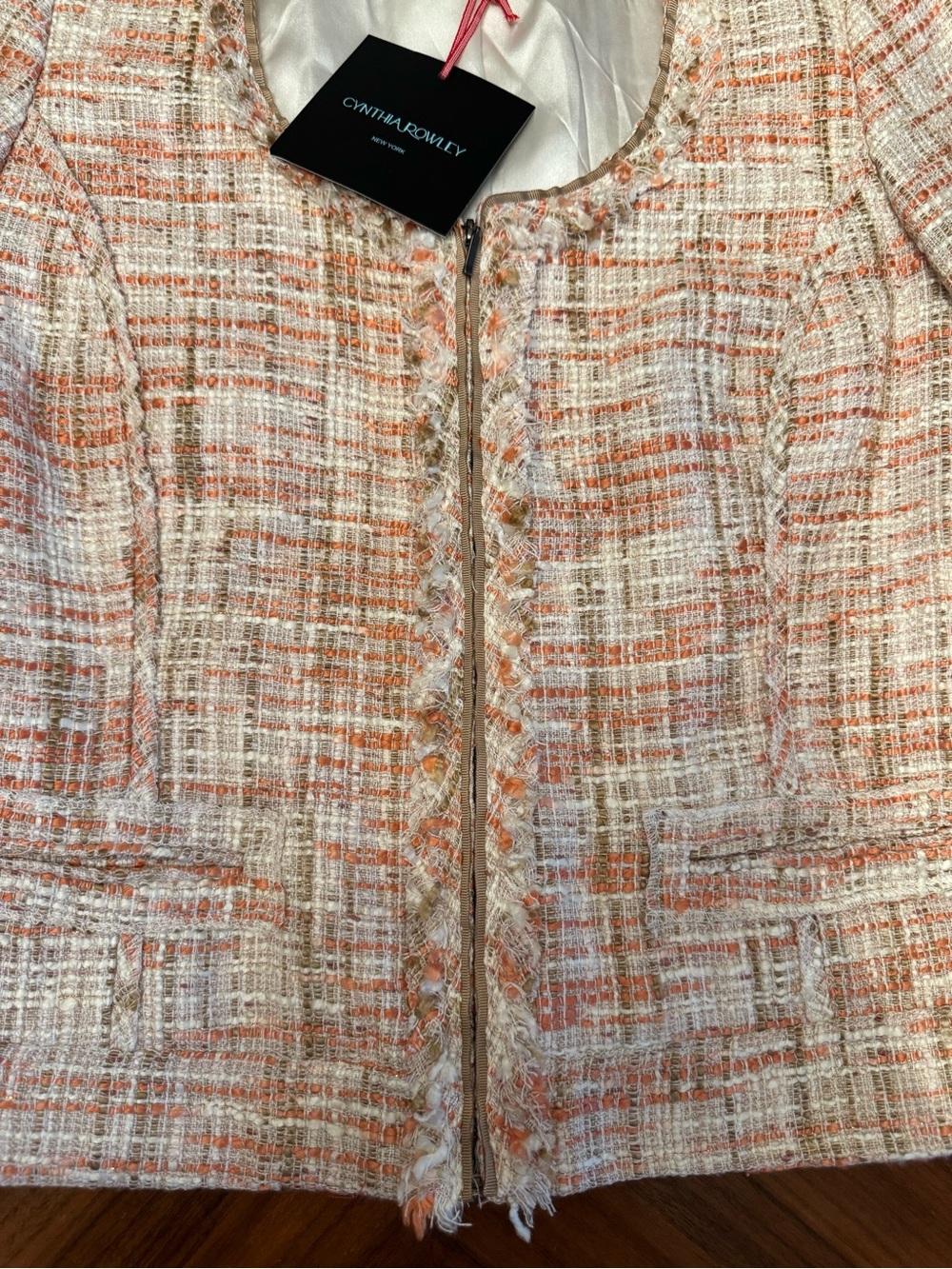 Cynthia Rowley Coral Cream Tweed Bouclé Fringe Zip Jacket Blazer - Picture 9 of 15